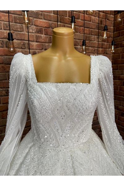 RENGARENG Plus Size Square Necklace Long Sleeve Wedding Dress