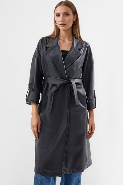 Merterium Women's Belted Faux Leather Trench Coat 1038 - Black