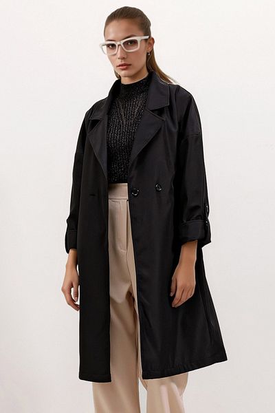 Merterium Women's Double Breasted Collar Trench Coat 1037 - Black