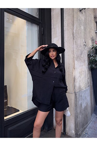 CARLA MARA Set cămașă lungă și pantaloni scurți din in negru