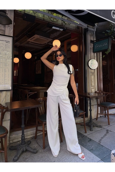 CARLA MARA Set de pantaloni albi, bluză asimetrică, din in