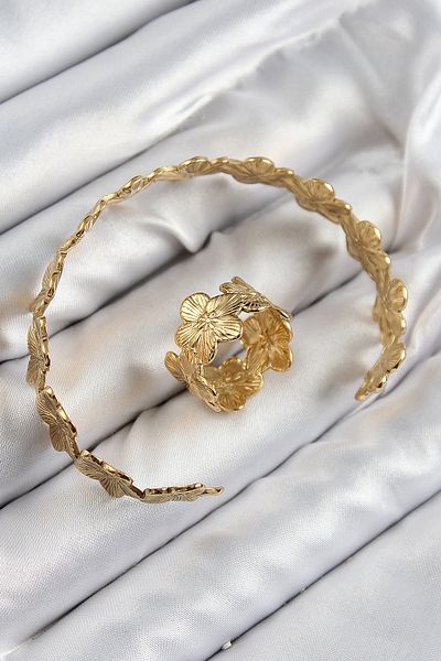 callerrons accessories Brass Flower Model Gold Color Bracelet Ring Set - Ebj250726W36906