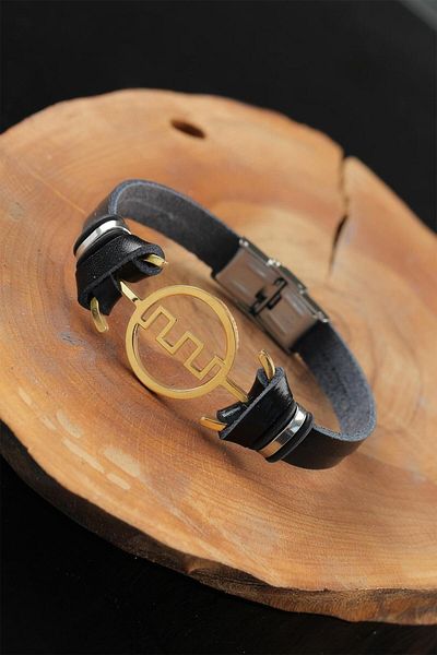 callerrons accessories Gold Color Metal Maze Design Black Color Leather Men's Bracelet - Ebj250726W36945