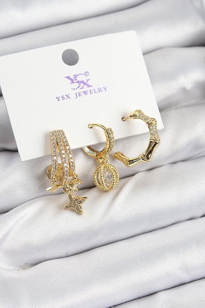 callerrons accessories Brass Zircon Stone Dangle Star Model Gold Color 3-Piece Women's Earrings - Ebj250726W36711