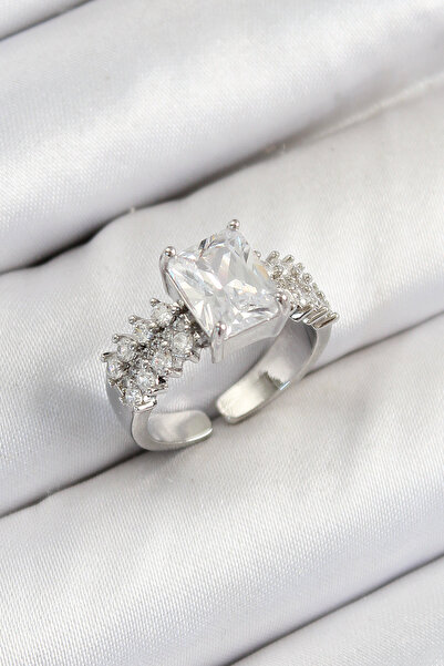 callerrons accessories خاتم نحاسي كبير من حجر الزركون موديل فضي اللون للنساء - EBJ250726W36699