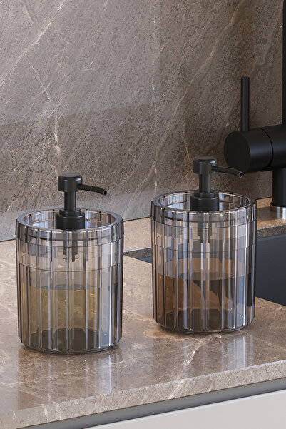 Pufwin Home İkili XL Büyük Boy 700ml Tezgah Üstü Sıvı Sabunluk Seti Deterjanlık Şampuanlık Füme