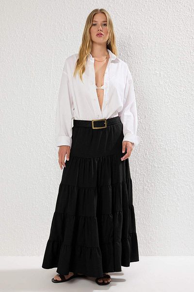 Trendyol Collection Țesătură neagră din bumbac texturat Fusta maxi boemă țesută TWOSS25ET00029