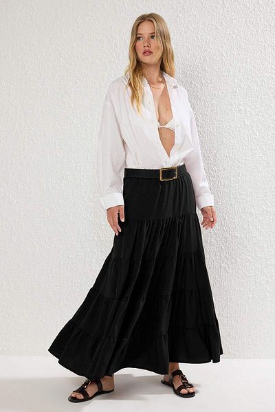 Trendyol Collection Țesătură neagră din bumbac texturat Fusta maxi boemă țesută TWOSS25ET00029