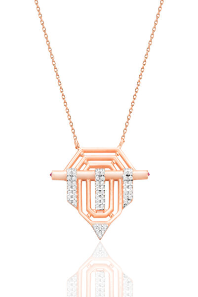 Söğütlü Silver Gümüş rose zirkon taşlı seranay kolye SGTL12666ROSE