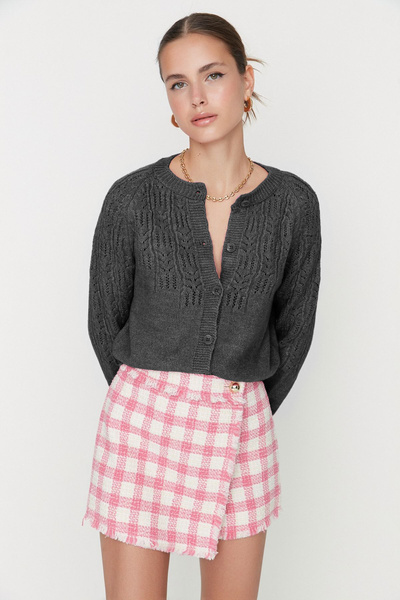 Trendyol Collection Anthracite Soft Textured Openwork / Perforated Sweater Cardigan TWOAW21HI0020