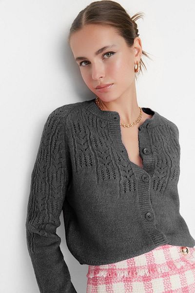 Trendyol Collection Anthracite Soft Textured Openwork / Perforated Sweater Cardigan TWOAW21HI0020