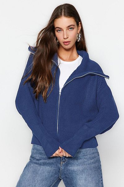 Trendyol Collection Indigo Wide Fit Turn-Down Collar Zip-Up Knitwear Cardigan Twoaw24Hi00072