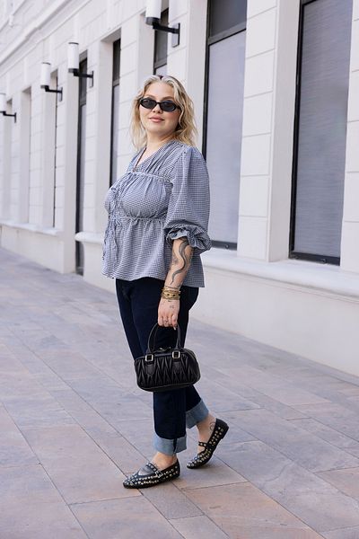 Trendyol Curve Long Balloon Sleeve Navy Blue Textured Blouse - Plus Size Tbbss25Af00066