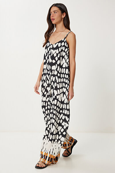 Happiness İstanbul Women's Black Bone Strap Patterned Summer Viscose Jumpsuit Rc00156