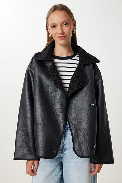 Happiness İstanbul Women's Black Fur Faux Leather Jacket Kt00014