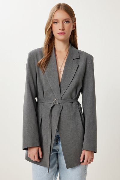 Happiness İstanbul Blazer gri căptușit cu centură pentru femei KT00023