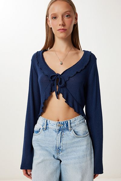 Happiness İstanbul Damen Lacivert Volanlı Mevsimlik Crop Triko Bolero UB00432