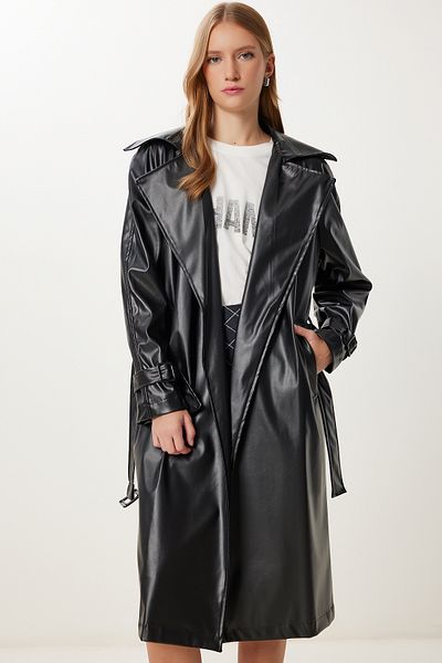 Happiness İstanbul Women's Black Belted Faux Leather Coat Oh00065