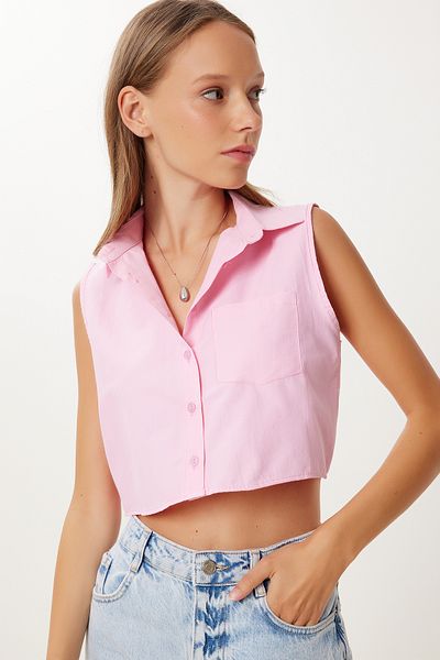 Happiness İstanbul Women's Candy Pink Pocket Crop Woven Shirt Cr00526