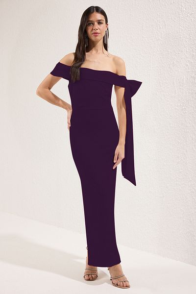 Trendyol Collection Rochie de seară elegantă tricotată, mov, cu fundă pe umăr, rochie de absolvire de seară TPRSS25EL00293