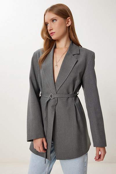 Happiness İstanbul Blazer gri căptușit cu centură pentru femei KT00023