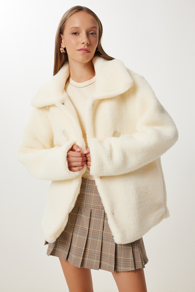 Happiness İstanbul Damen-Knochen-Polo-Kragen-Plüschmantel mit Taschen GK00023