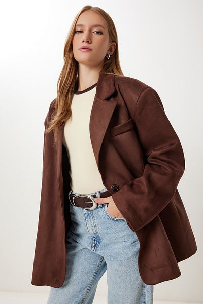 Happiness İstanbul Γυναικείο καφέ Oversize Premium Suede Jacket KT00016