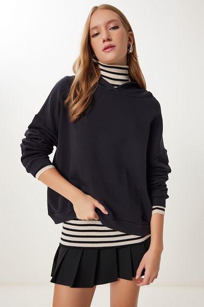 Happiness İstanbul Women's Black Hooded Knitted Sweatshirt Ub00456