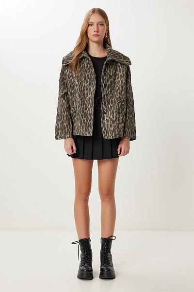 Happiness İstanbul Women's Black Beige Leopard Patterned Cashmere Coat Kt00024