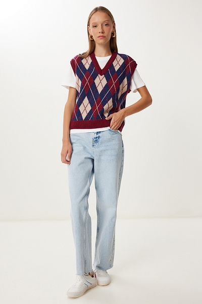 Happiness İstanbul Women's Burgundy Navy Blue Diamond Patterned Knitwear Sweater Mx00250