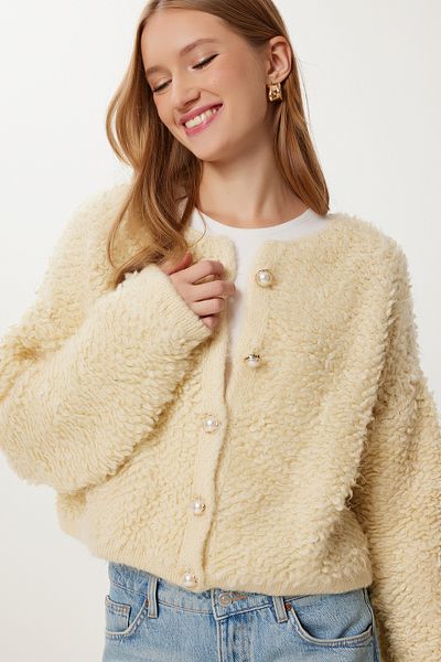 Happiness İstanbul Women's Vanilla Stylish Buttoned Boucle Knitwear Cardigan Mx00252