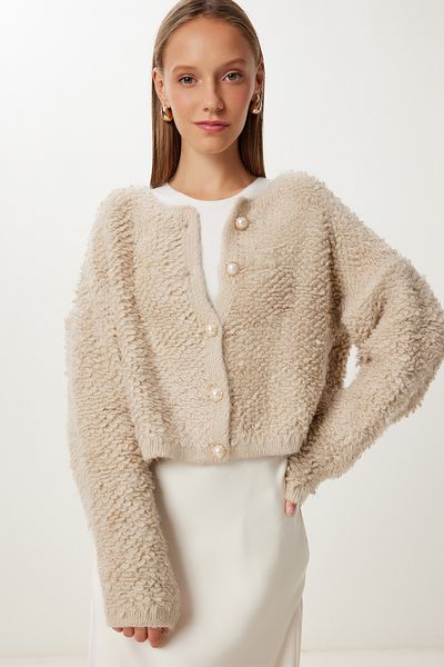 Happiness İstanbul Women's Beige Stylish Buttoned Boucle Knitwear Cardigan Mx00252