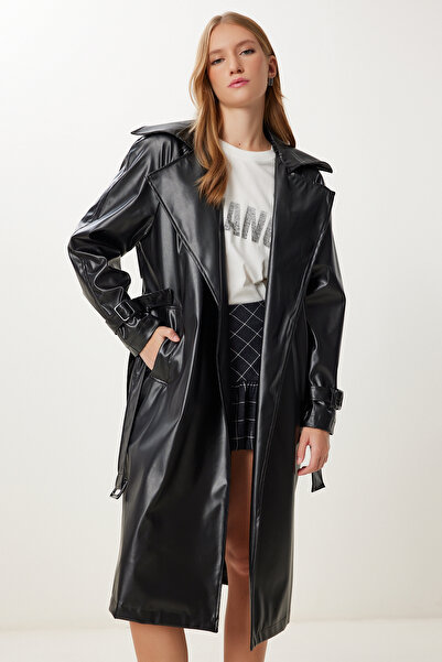 Happiness İstanbul Kadın Siyah Kemerli Suni Deri Kaban OH00065