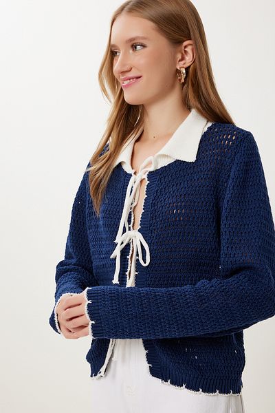 Happiness İstanbul Women's Navy Blue Contrast Color Tie-Up Knitwear Cardigan Mx00251
