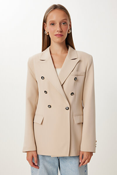 Happiness İstanbul Women's Beige Padded Stylish Buttoned Woven Jacket Kt00017