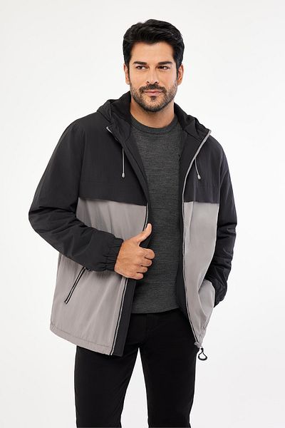 AC&Co / Altınyıldız Classics Ανδρικό μαύρο-γκρι κανονική εφαρμογή με γιακά με κρύο κρύο εσωτερικό παλτό πλαϊνής τσέπης με φλις