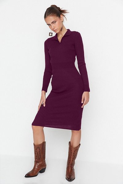 Trendyol Collection Rochie cu guler polo din tricotaje midi prune TWOAW22EL1376