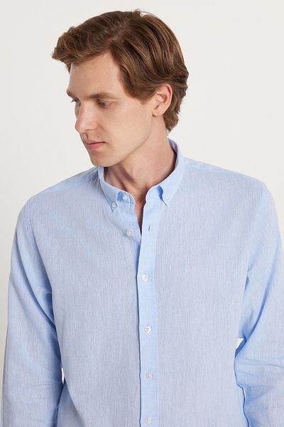Tudors Ανδρικό Slim Fit Slim Fit Μακρυμάνικο Λινό Premium Σειρά με κουμπιά πέτο Αθλητικό γαλάζιο πουκάμισο