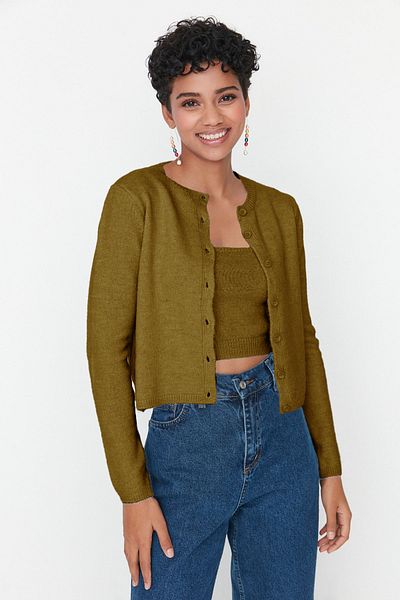 Trendyol Collection Khaki Crop Soft Textured 2-Piece Blouse-Cardigan Knitwear Set Twoaw21Hi0107