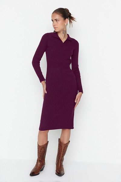 Trendyol Collection Rochie cu guler polo din tricotaje midi prune TWOAW22EL1376
