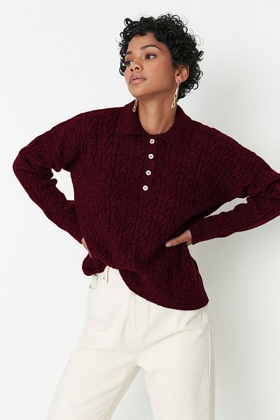 Trendyol Collection Pulover de tricotaj cu textura moale, roșu Claret, model larg TWOAW21KZ2635