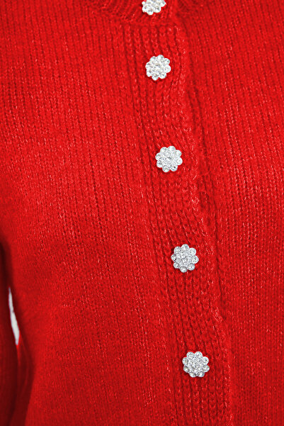 Trendyol Collection Cardigan de tricotaj cu aspect de haină cu butoni cu bijuterii cu textura moale cu flori de rodie TWOAW21HI0034