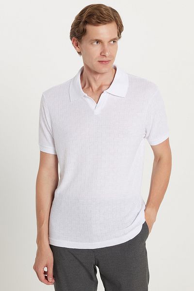 Tudors Tricou pentru bărbați, slim fit, din țesătură de viscoză, cu model, piqué simplu, fără nasturi, alb, cu gât polo