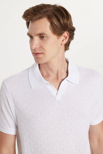 Tudors Tricou pentru bărbați, slim fit, din țesătură de viscoză, cu model, piqué simplu, fără nasturi, alb, cu gât polo