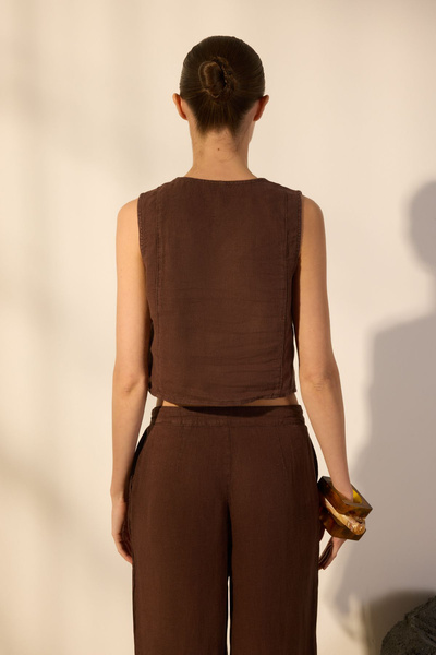 Trendyol Collection Вталена жилетка от кафяв 100% лен Twoss24Ye00040