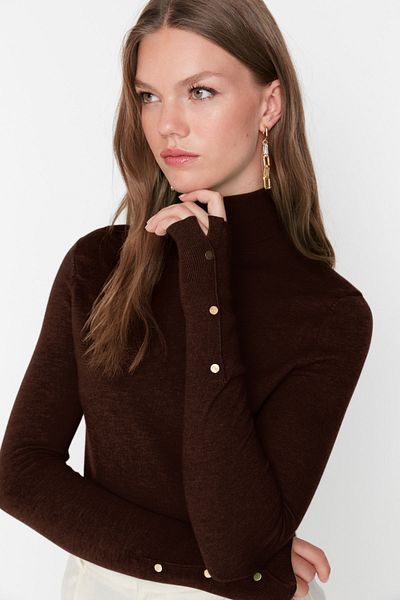 Trendyol Collection Καφέ Mercerized Look Premium Yarn / Special Yarn Basic Knitwear Πουλόβερ TWOAW23KZ01514