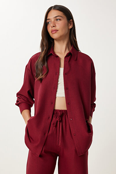 Happiness İstanbul Women's Burgundy Linen Shirt Pants Suit Pb00051