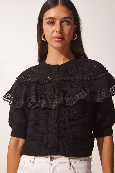 Happiness İstanbul Women's Black Lace Detailed Frilly Knitwear Cardigan YY00153