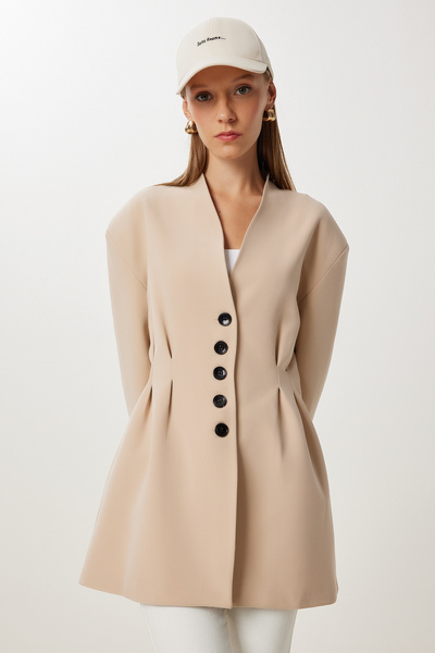 Happiness İstanbul Γυναικείο Σκούρο Κρεμ Παλτό Πανωφόρι Πανωφόρι KT00026