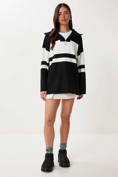 Happiness İstanbul Woman's Black Zippered Collar Striped Knitwear Sweater US00700